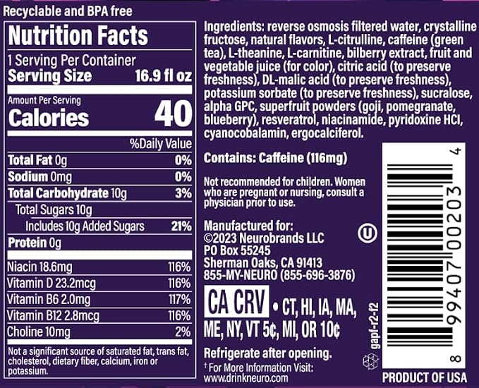 neuroGASM | Passion Fruit | Functional Beverage for Increased Stamina, Lightly Carbonated, Low Sugar; 16.9 Fl Oz (Pack of 12)