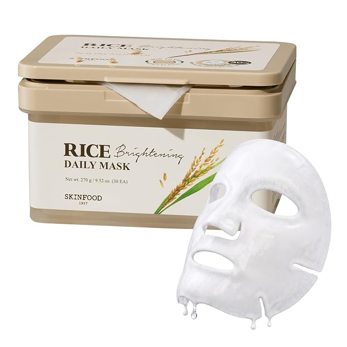SKINFOOD Rice Daily Mask 30 Sheets, Korean Quick & Easy Daily Care Hacks, Large Capacity, Sheet Mask