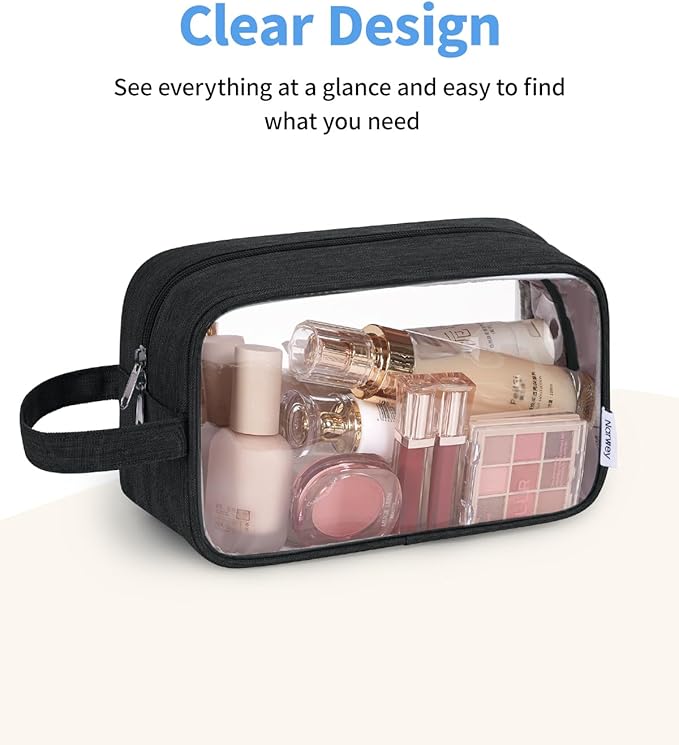 Narwey Clear Travel Toiletry Bags for Traveling Toiletries Men Women, Clear Makeup Bag Cosmetic Bag with Zipper, Make Up Pouch Organizer Bag with Handle, Skincare Beach Snack Medicine Bag, Black