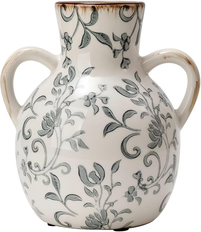 SIDUCAL Ceramic Vintage Pastoral Vase with Handles, 7 Inch Chinoiserie Floral Vase, Retro Ice Cracked Rustic Farmhouse Vases for Home Decor, Living Room, Bookshelf, Office, Tuscan Decor, Gray Floral