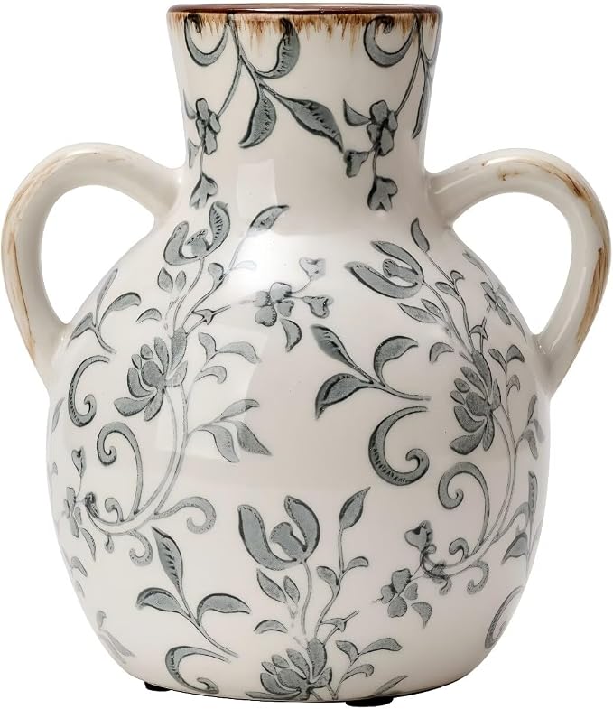 SIDUCAL Ceramic Vintage Pastoral Vase with Handles, 7 Inch Chinoiserie Floral Vase, Retro Ice Cracked Rustic Farmhouse Vases for Home Decor, Living Room, Bookshelf, Office, Tuscan Decor, Gray Floral