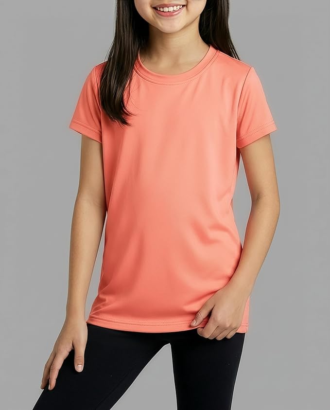 Real Essentials 5 Pack: Girls' Short Sleeve Dry-Fit Athletic T-Shirt - Active Gym Crew Neck Tops for Teens Kids (Ages 4-16)