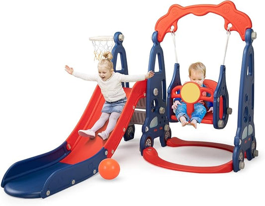 4 in 1 Slide Climber Swing Set, Freestanding Toddler Slide Climber Playset with Basketball Hoop, Toddler Playground Indoor Outdoor, Easy Setup (Red)