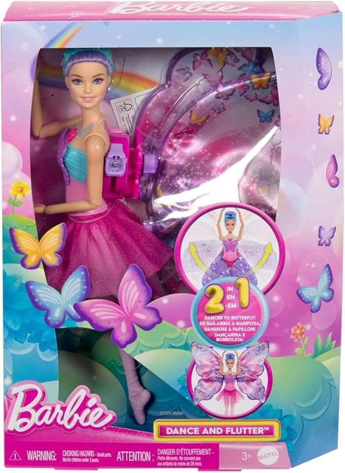 Barbie Dance and Flutter Doll with 2-in-1 Transformation from Dancer to Butterfly with Opening Wings, Purple Hair, Headpiece & Removable Tutu