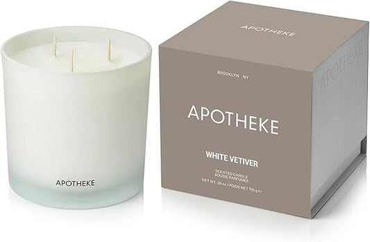 Apotheke 3-Wick Scented Candles for Home, White Vetiver - 26 oz Soy Wax Jar Candle Gift for Women - Long-Lasting Fragrance with Perfume-Grade Essential Oils - Sandalwood, Eucalyptus & Vetiver