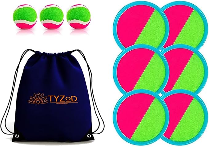 Toss and Catch Ball Set, Outdoor Games, Beach Games for Kids, Toss Ball and Catch Game Set for Kids/Family (6 Paddles, 3 Balls and 1 Storage Bag) (Pink-Green)