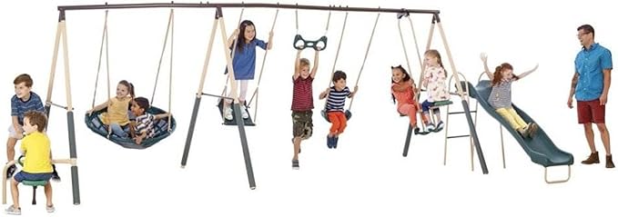 XDP Recreation Deerfield Outdoor Playground Swing Set with Slide, See Saw, Trapeze Swing, Fun-Glidr, Swing Seat, and Stand N Swing