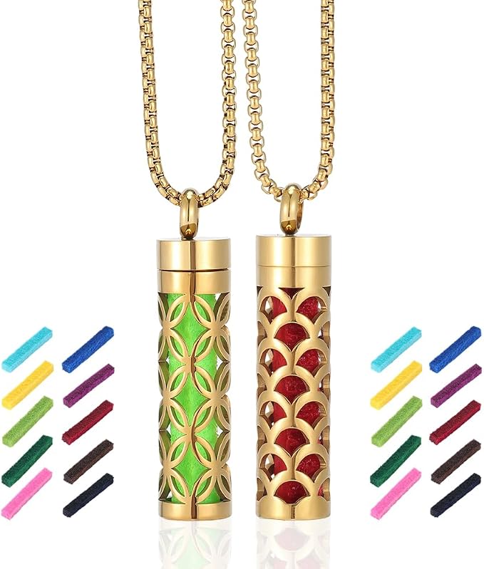 PH PandaHall Essential Oil Diffuser Necklace 2 Styles Golden Aromatherapy Necklaces Column Perfume Bottle Necklace Stainless Steel Locket Pendant with 20pcs Pads for Women Men Birthday Jewelry Gifts