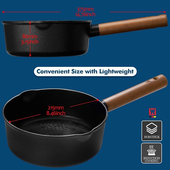 WAGENSTEIGER Aluminum Saucepan with Titanium Coated Non-Stick Surface, 7-Layer Coating With Zelkova Wooden Handle, For Professional Chef & Home Cook, Made in Korea (14.76" L x 8.46" W x 3.15" H)