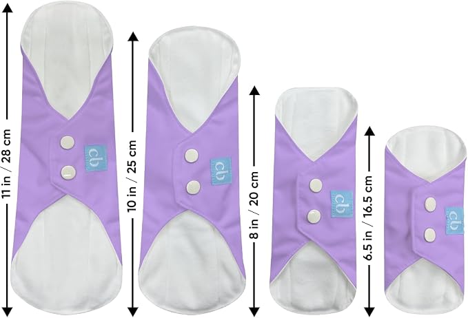 Charlie Banana - Reusable Feminine Pads Super+ 3Pack with Pouch | Washable Menstrual Pads for Heavy & Overnight Absorbency | Lavender