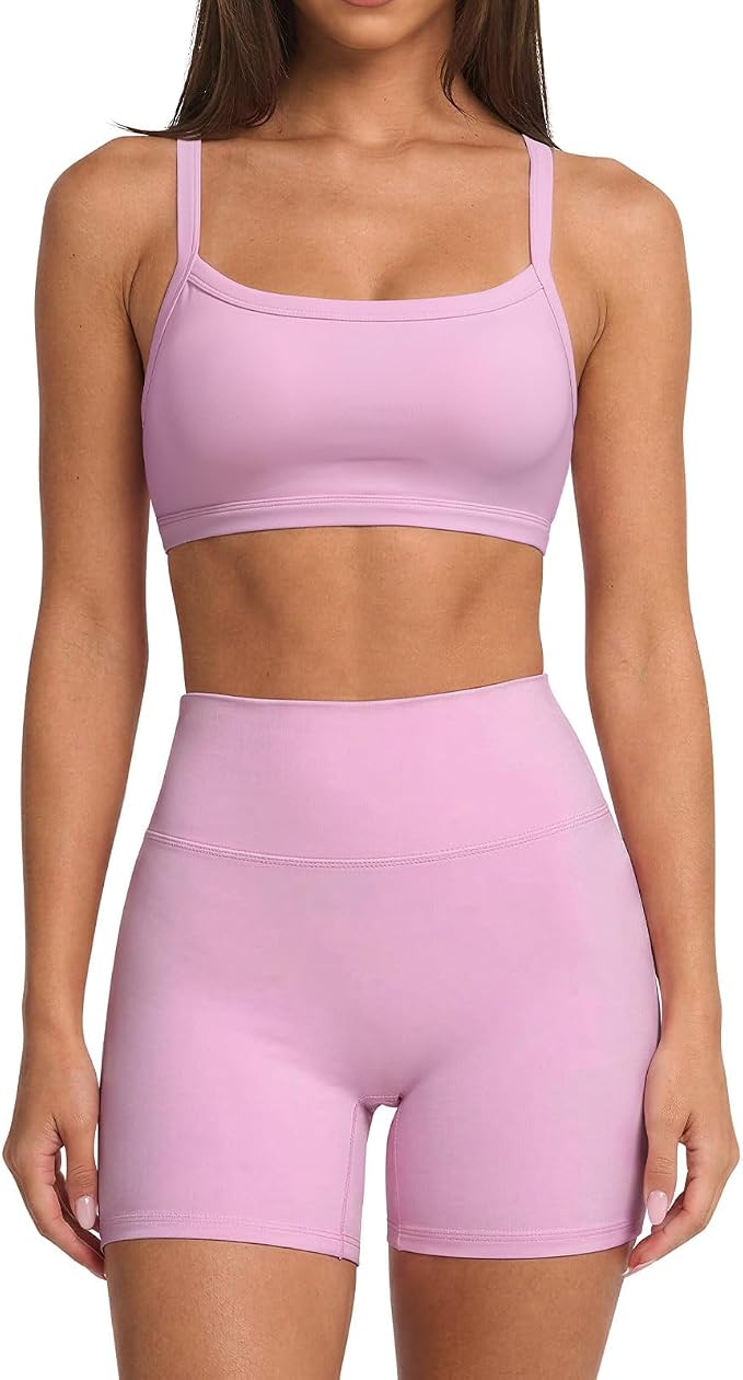 SUUKSESS Women Padded Workout Sets Adjustable Straps Sports Bra Tummy Control Biker Shorts