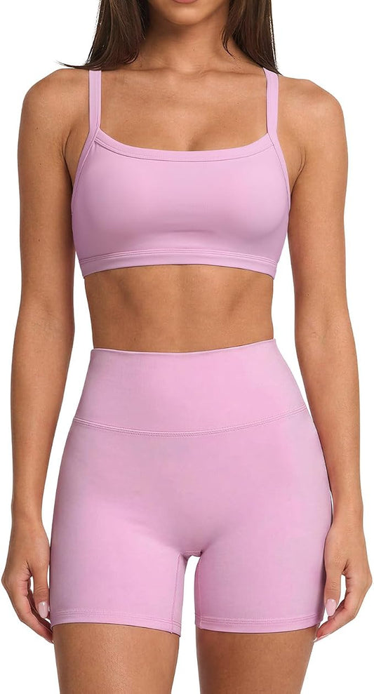 SUUKSESS Women Padded Workout Sets Adjustable Straps Sports Bra Tummy Control Biker Shorts