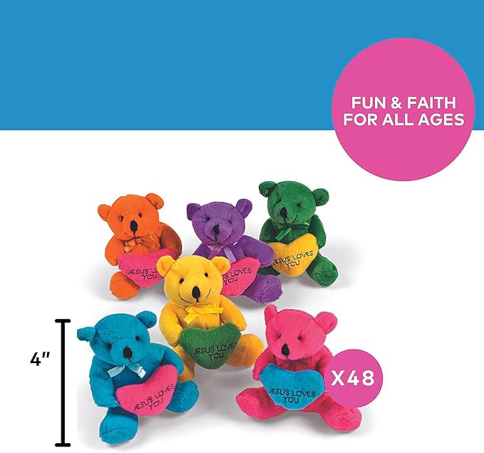 Fun Express Jesus Loves You Plush Religious Bears with Heart - 12 Pack Small Teddy Bears for Christian Party Favors, Baptism Gifts & Sunday School Prizes | 4.25" Mini Stuffed Animals Bulk Set
