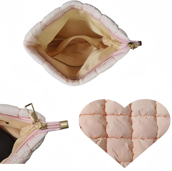 Pink Puffer Quilted Makeup Bag for Women with Furry Keychains - 10" Roomy Puffy Cosmetic Pouch, Travel Toiletry Organizer Bag (PI-Fu-PI)