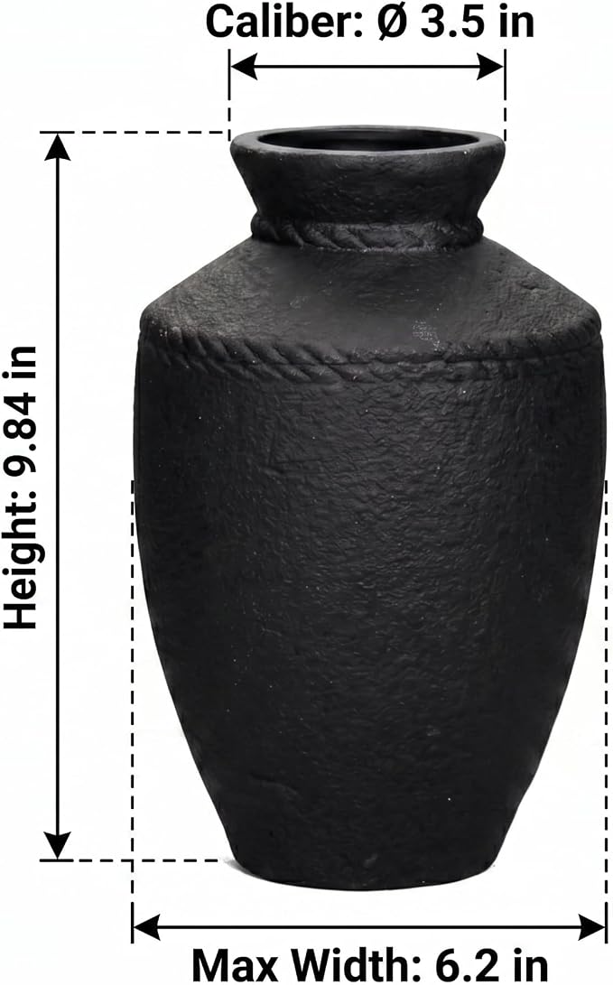Black Rustic Ceramic Vase - 10 Inch Large Pottery Flower Vases for Home Decor Farmhouse Minimalist Vase for Living Room Centerpiece for Fireplace Entryway Shelf Kitchen Decor