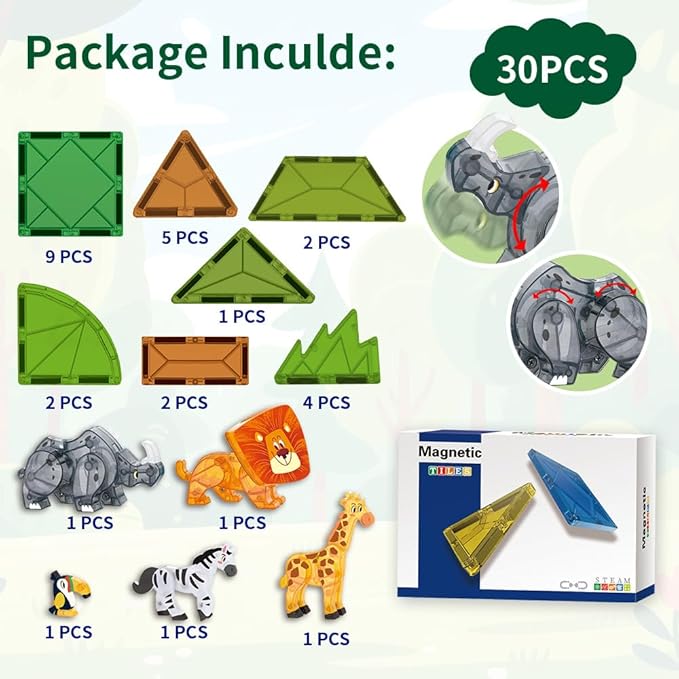 Magnetic Tiles Set Grassland Animals Theme Toys, Magnet Tiles Building Blocks Toys for Kids Ages 3+