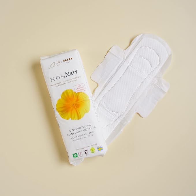 Eco by Naty Sanitary Pads – Plantbased and Absorbent Sanitary Pads for Women, Organic Cotton Menstrual Product, Better for Feminine Health (Night, 10 Count) (Pack of 3)