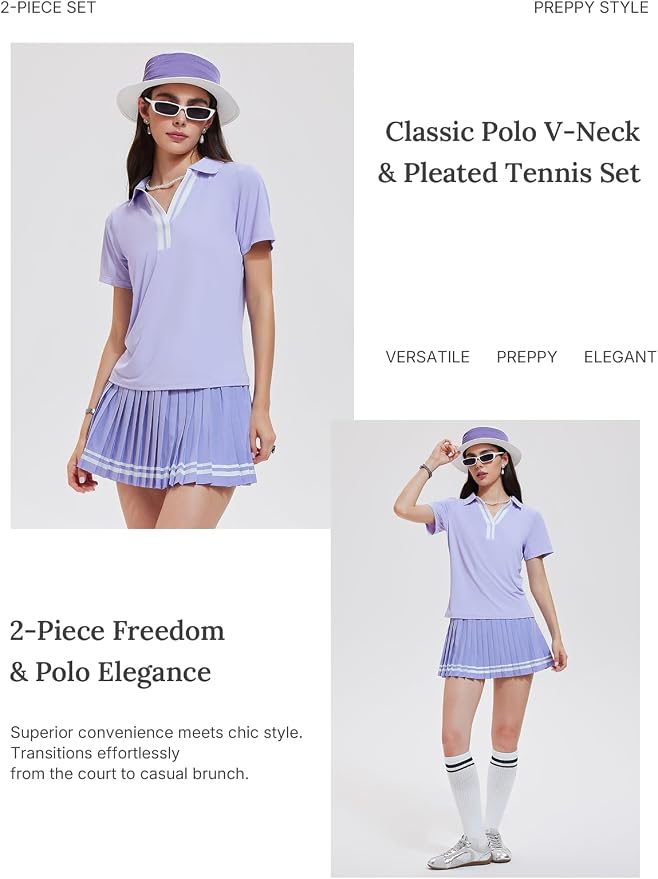 Women 2 Piece Tennis Skirt Set Pleated Golf Outfit, Polo V-Neck Athletic Dress Alternative Skort Set for Pickleball Pockets