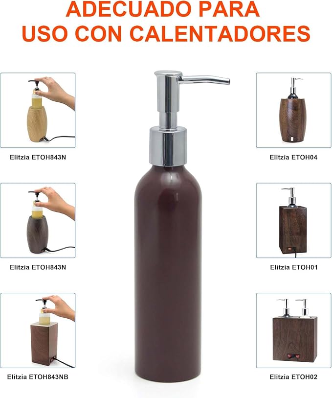 Elitzia Massage Oil Warmer Use Parts Pump Bottle 1 Pack 8.45oz/250ml Aluminium Pump Bottles for Solution Gel Lotion and Cream Use Suitable for ETAW02S ETAW03 ETLB01 ETLB02 ETOH843N ETOH843NB(Brown)