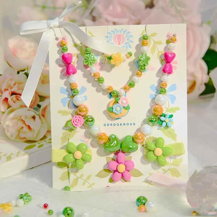 Little Girl Jewelry Sets Kids Jewelry - Unicorn Mermaid Bead Necklaces, Jewel Rings, Dress Rings, Friendship Bracelets with Science Knowledge Cards & Spare Strings - Princess Dress Play Toy for Toddlers 2 3 4 5 6 7 8 - Birthday Party School Gifts