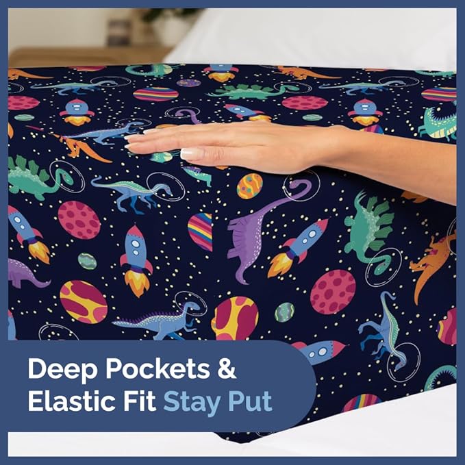 Kids Queen Size Bed Sheet Set - 4 Piece Kids Loft Bed Sheets - Space Dinosaur Themed Bedding - Soft, Cute - Breathable and Machine Washable - Colorful Dino Bed Set for Boys, Girls, Teens and Toddlers