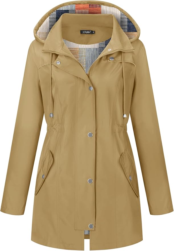 LOMON Women Waterproof Outdoor Hiking Raincoat Women Lined Rain Jacket Lightweight Hooded Jackets Trench Coats