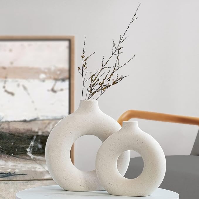 QLOFEI White Ceramic Vases Set of 2, Round Matte Modern Vase for Home Decor, Donut Ceramic Design Pampas Grass Vases for Living Room Coffee Table Decor, Boho Style for Gift