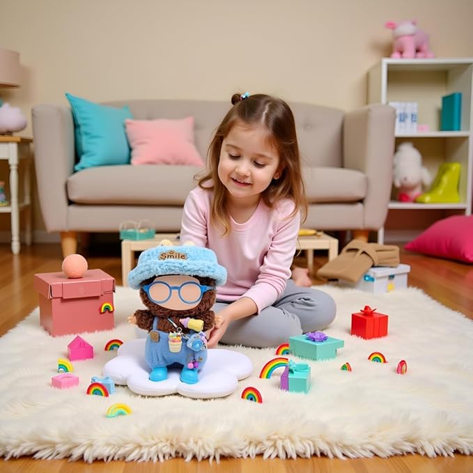 Doll Clothes Outfit and Accessories Suitable for 17cm Dolls, 5 Piece Set Romper Hat Camera Backpack Glasses Shoes (No Doll) Blue