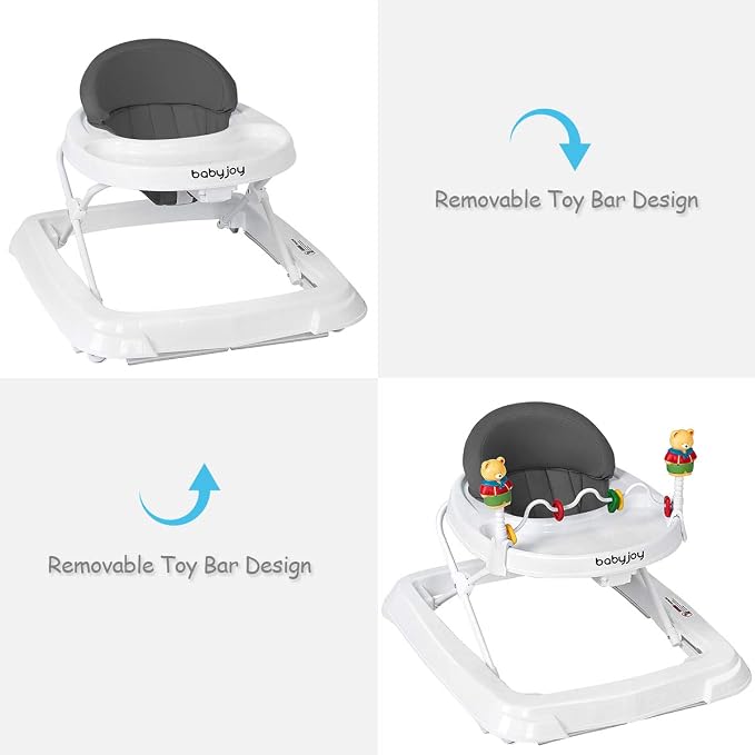 BABY JOY Baby Walker, Foldable Activity Walker with Adjustable Height, Large Tray & Removable Toys, Baby Walker with Wheels for Boys Girls 6-18 Months (Gray)
