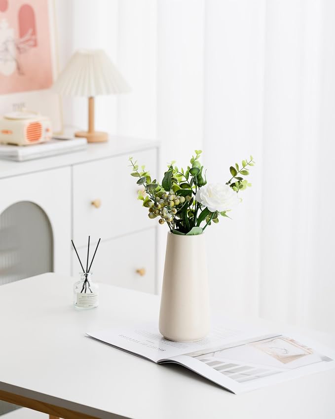 Simple Boho Ceramic Flower Vase for Home Decor (Beige,Big) | 8'' Modern Neutral Vase for Flower Plant Pampas Grass, Fit for Table Shelf Centerpieces, Living Room Kitchen Wedding Gift