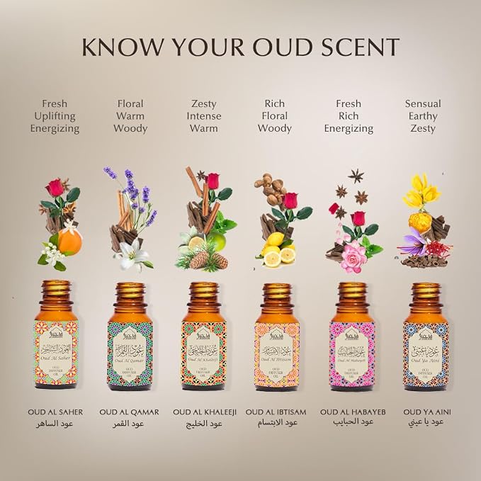 Dukhni Oud Essential Oil Diffuser Blend & Candle Burner | 6 x 10ml Arabic Oils with Diffuser| Relax with Home Aromatherapy, for Relaxation, Massage & Candle Making, Islamic Gift