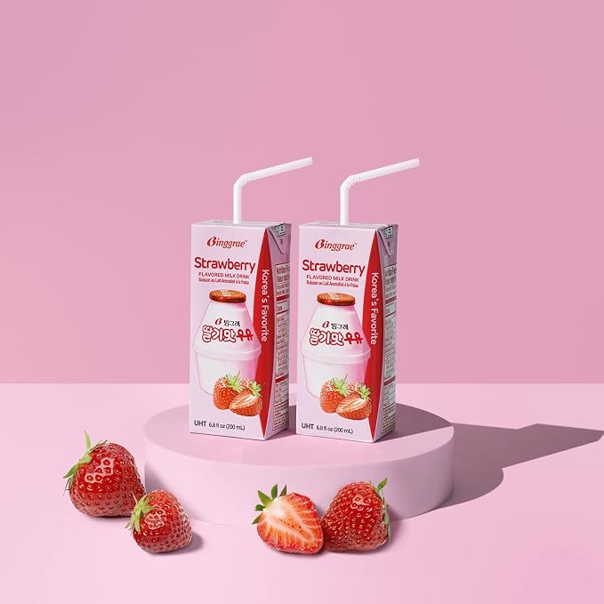 Binggrae Strawberry Flavored Milk Drink – Korean Sweet and Creamy Beverage – Shelf-Stable 6.8 fl oz Cartons – Pack of 24