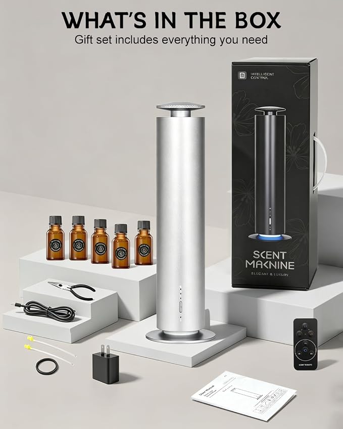 JEKAL Waterless Scent Diffuser Starter Kit with 5 Oils - Smart APP Cold Air Scent Machine, Up to 2000 Sq Ft for Homes Offices Hotels Spas - Quiet Essential Oil Diffuser 8H Battery 3-Color Light,Sliver