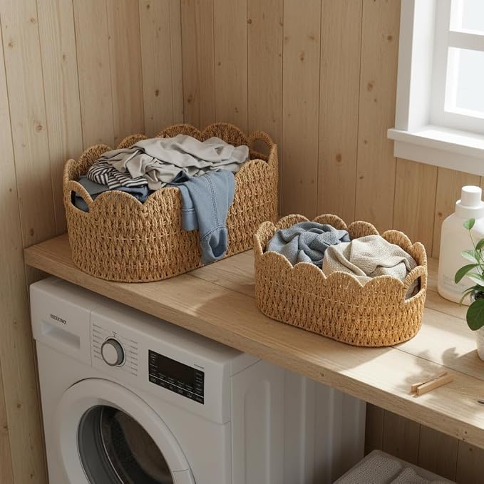 Coeusy Paper Rope Scalloped Basket Set of 2, Wicker Storage Baskets for Shelves,Gifts,Books,Toys,Cute Decor Rattan Baskets for Organizing,Natural Color