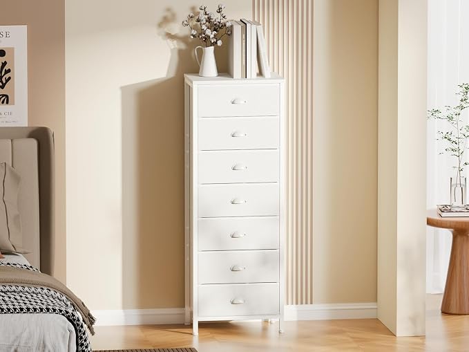 White Tall Dresser for Bedroom, Chest of Drawer with Fabric Drawer | Tall Skinny Dresser with 7 Drawers, Metal Frame, Wooden Top, Dorm Vertical Closet, Bedside Furniture in Living Room