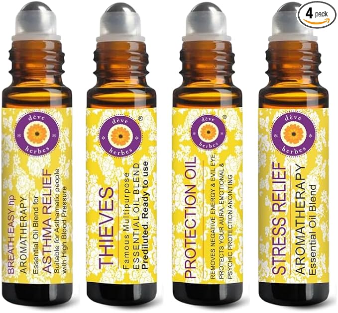 Deve Herbes Kit of Pure Aromatherapy Essential Oil Blends Roll On (Pack of Four) 10mlX4