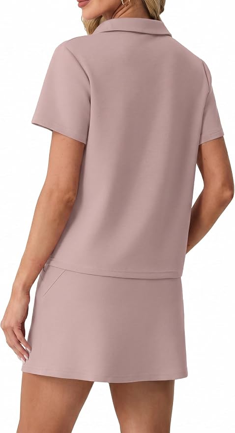 GRECERELLE Women's Summer 2 Piece Skort Set Half Zip Short Sleeve Top & Pocketed Tennis Skirt For Sports & Vacations.