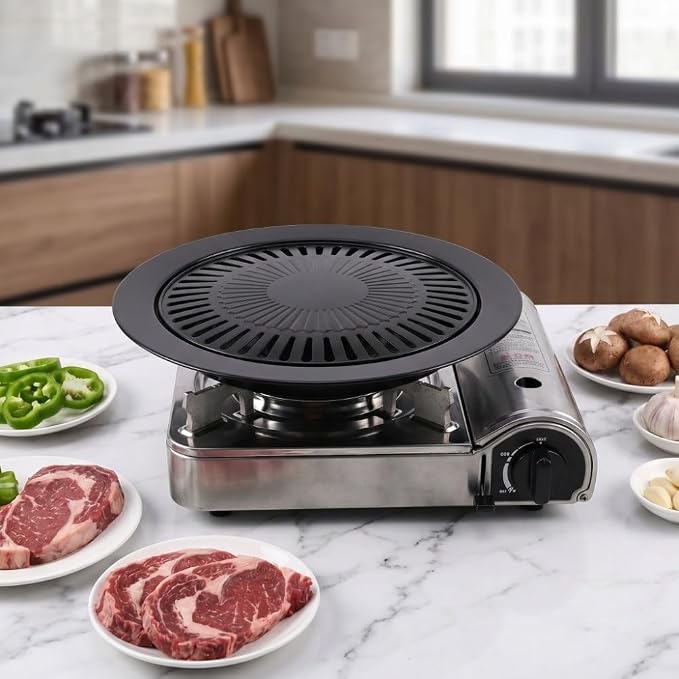 Korean BBQ Grill Pan - Round Iron Roasting Tray Nonstick Oil Drain Design 32 cm for Indoor Outdoor Barbecue Meat Vegetables