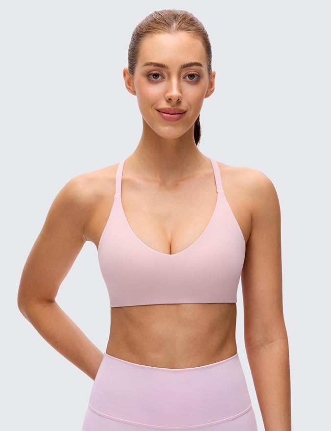 CRZ YOGA Butterluxe Low Coverage V Neck Sports Bras for Women - Spaghetti Straps Racerback Padded Yoga Top