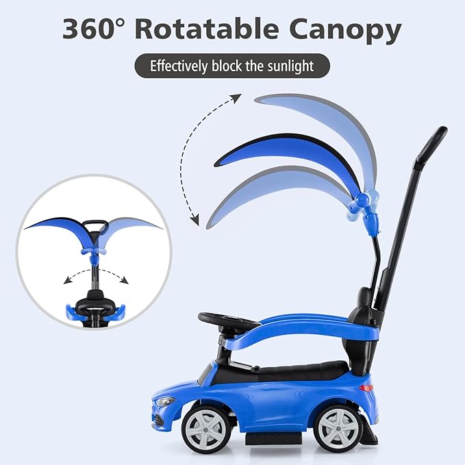 Licensed Mercedes Benz Push Car for Toddlers by INFANS, 3 in 1 Sliding Walking Car with Push Handle, Horn, Music, Underneath Storage, Foot-to-Floor Ride on Toys for Boys Girls, Blue