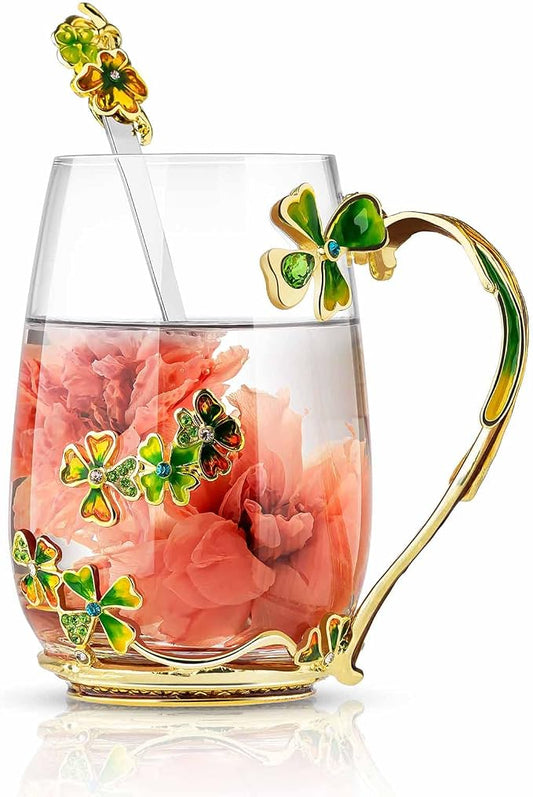 Luka Tech four-leaf clover flower Glass Coffee Mugs Tea Cup with Spoon, Unique Gifts For Women Wife Mom Friends Birthday Mothers Valentines Day Christmas (Green)