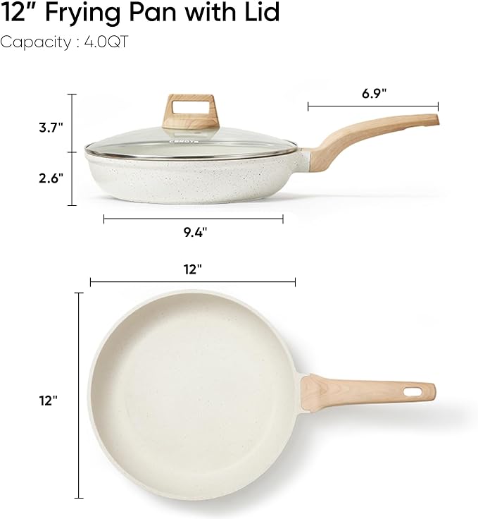 CAROTE Non Stick Frying Pan, 12 Inch Classic Granite Skillet with Glass Lid | Non Toxic Kitchen Stone Cookware, Compatible with All Stovetop, PFOA Free, Cream White