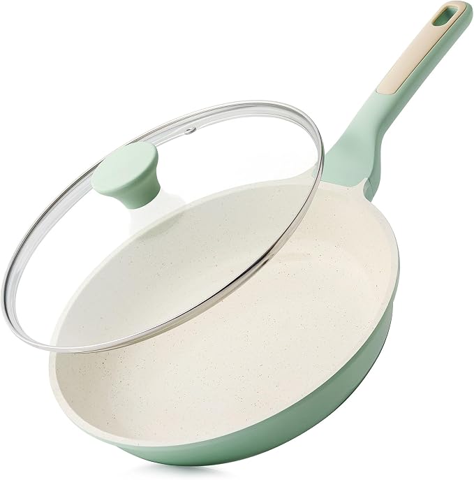 SENSARTE 8Inch Nonstick Ceramic Frying Pan with Lid, PFAS/PTFE Free, Green | Ceramic Omelette Pan Skillet, Healthy Non-toxic Chef's Pan, Induction Compatible Pan, Heat Resistant Handle