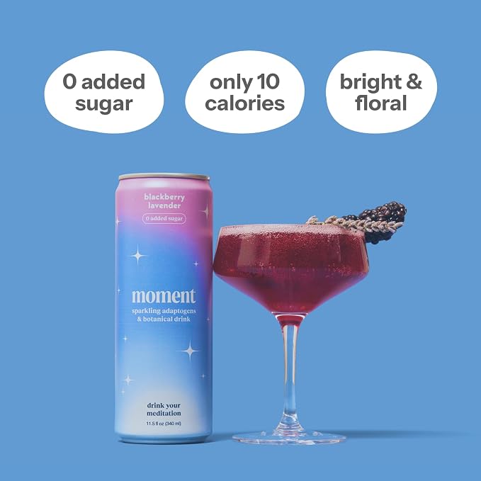 Moment Adaptogen Drink (Shark Tank) - Calm, Clarity & Relaxation with L-Theanine & Ashwagandha - Non Alcoholic Drinks for Adults - Sparkling Botanical Soda - 0 Sugar 0 Caffeine - 12 Pack 11.5 fl oz