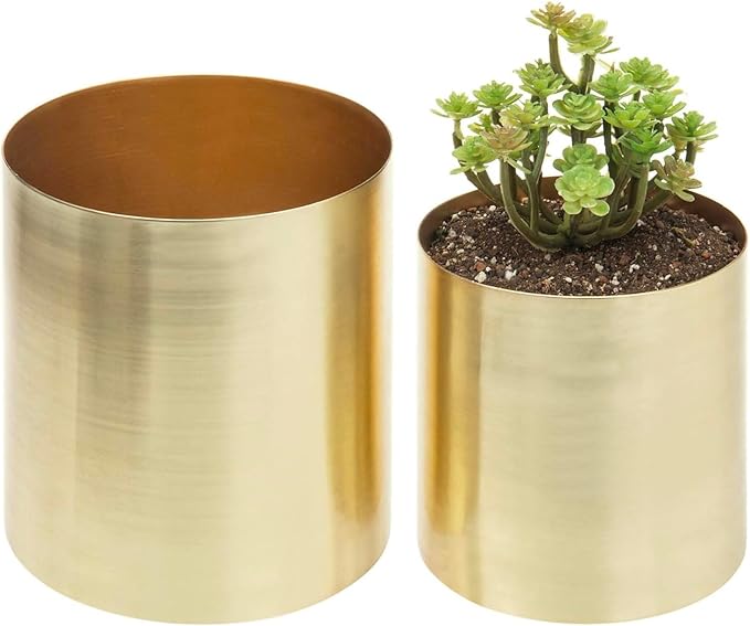MyGift Modern Brushed Brass Plated Indoor Plant Pot, Cylindrical Metal Vase, 5 and 6 Inch, Set of 2 - Handcrafted in India