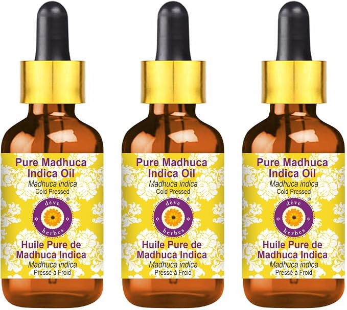 Deve Herbes Pure Madhuca Indica Oil (Madhuca Indica) with Glass Dropper Cold Pressed (Pack of Three)100ml X 3 (10 oz)