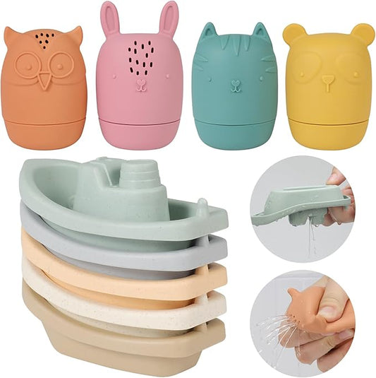 Bath Toys Floating Boats with Silicone Bathtub Toy,9 PCS Mold Free Baby Bath Toys for Infants 6-12-18 Months,Water Table Toy for Toddlers 1-3,Shower Toys Pool Toys for 1 2 3 4 Boys Girls Kids