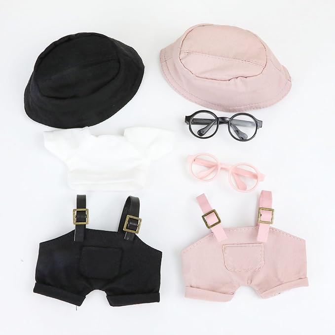 Doll Clothes (NO Doll) 17cm Pink Outfits for Dolls Cute Hat Overalls Set Glasses and White T-Shirt Exquisite Clothes Accessories (Pink Jumpsuit)