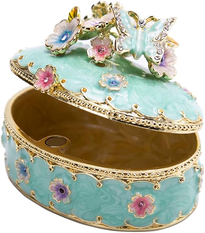 Jewelry Trinket Box Decorative Vintage Style Jewelry Organizer for Women Rhinestones Jewelry Storage Home Decor Unique Gift (Oval Blue)