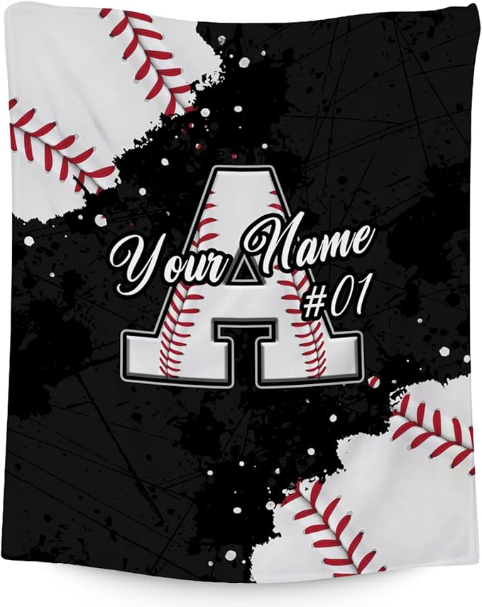 Personalized Baseball Blanket - Custom Initial Name Gifts for Boys - Soft Sports Flannel Throw for Kids Son - 30x40 Inches Chair Blanket - Cool Ideas Decoration for Baseball Lovers